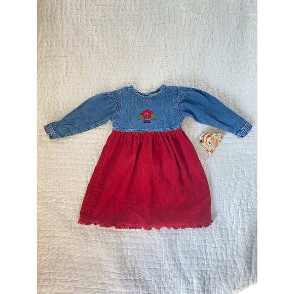 Osh Kosh B Gosh Dress Denim & Red Corduroy Rosebud Applique Ruffle Hem Size 4T - Picture 2 of 12